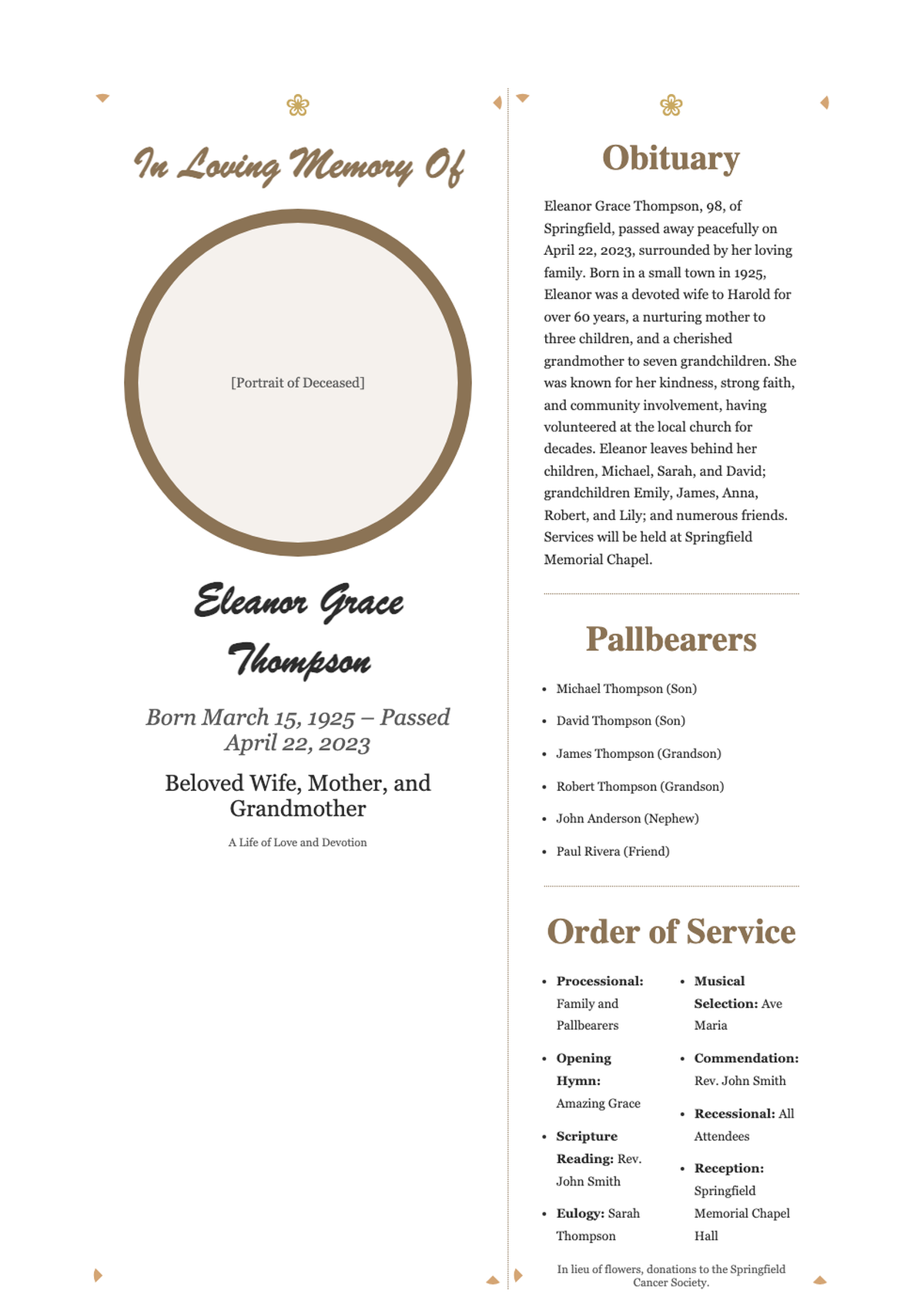 Elegant funeral program with floral borders and photo placeholder_variant_3